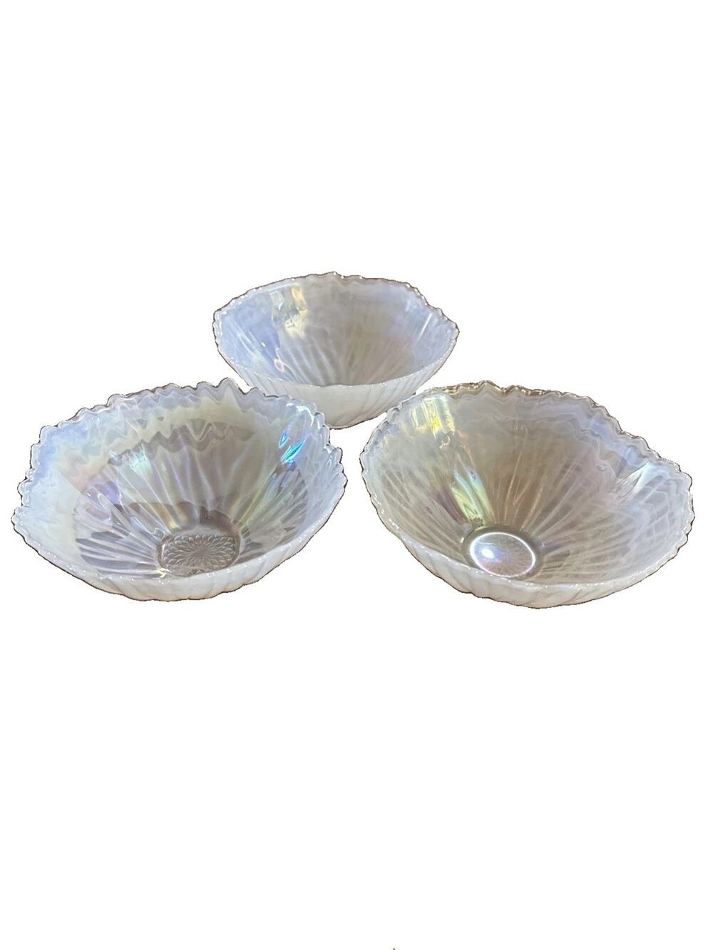 Vintage Federal Glass Petal Iridescent White Opalescent Swirl Bowls Set of 3